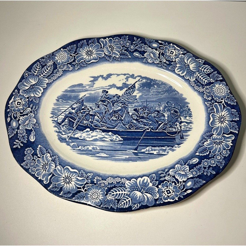 Vtg Liberty Blue Staffordshire Ironstone 14" Oval Platter Washington Crossing